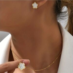 Earrings and Necklace Set white Flower Mother of Pearl Design stainless steel